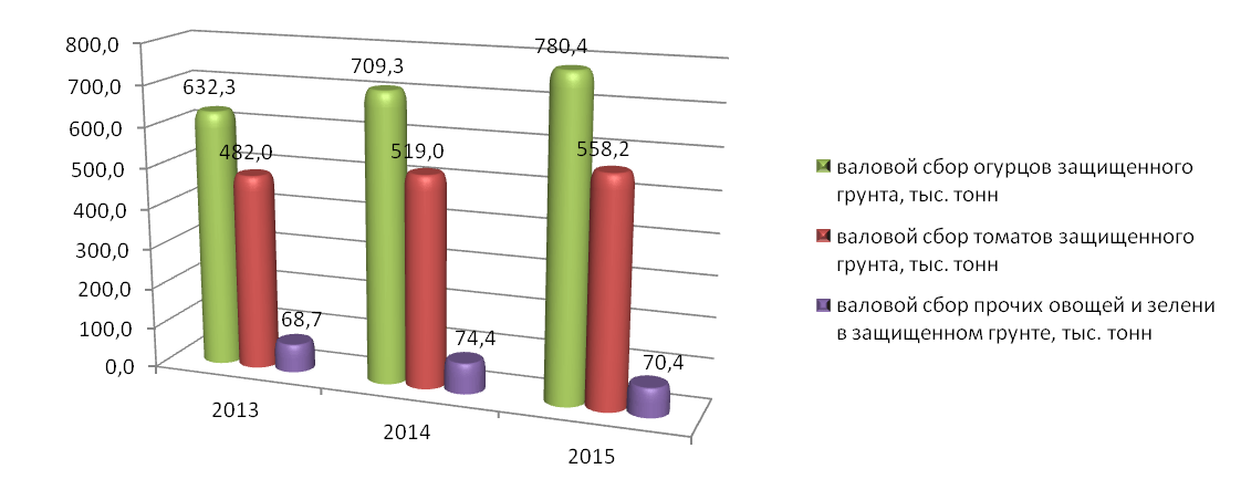 Валовой сбор овощей защищенного грунта по видам в России в 2013 – 2015 гг.